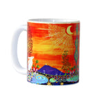 Colourful mug with artistic design featuring a landscape and abstract elements.