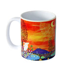 Colourful mug with artistic design of a landscape and animals on a white background