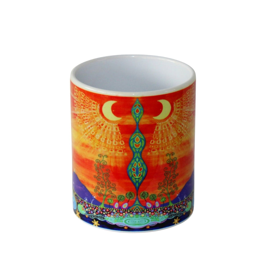 Colourful mug with abstract design of a moon gazing hare and Glastonbury Tor on a white background