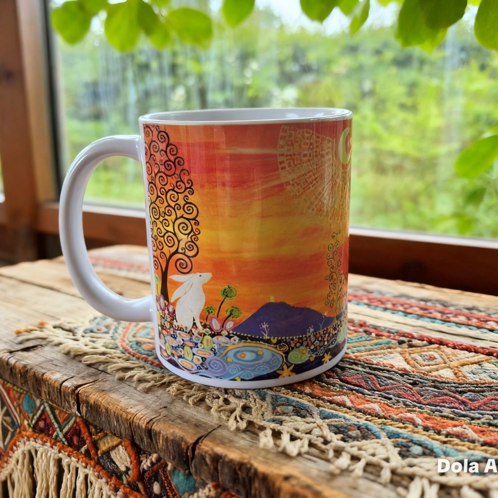 Colourful mug with artistic design on a wooden surface with a window in the background