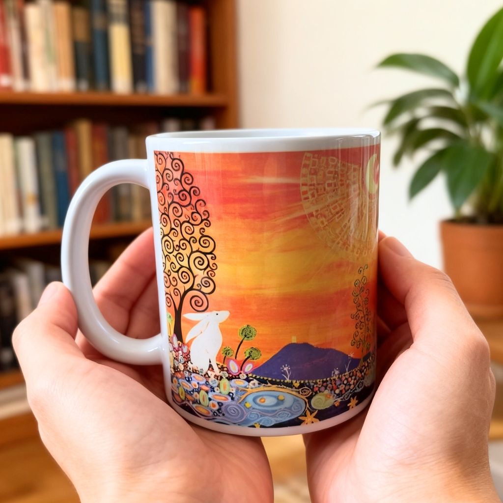 Person holding a colourful mug with artistic design in a home setting