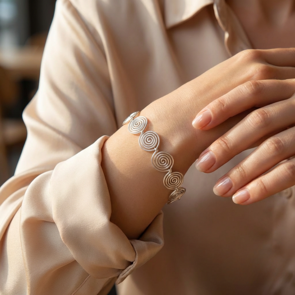 Silver bracelet with circular patterns on a wrist, wearing a beige shirt.