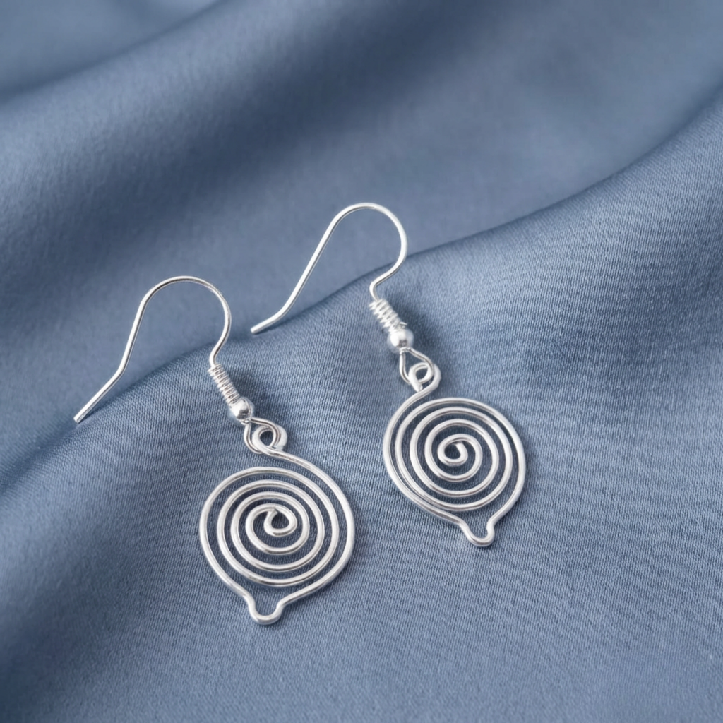 Silver spiral earrings on a blue fabric background