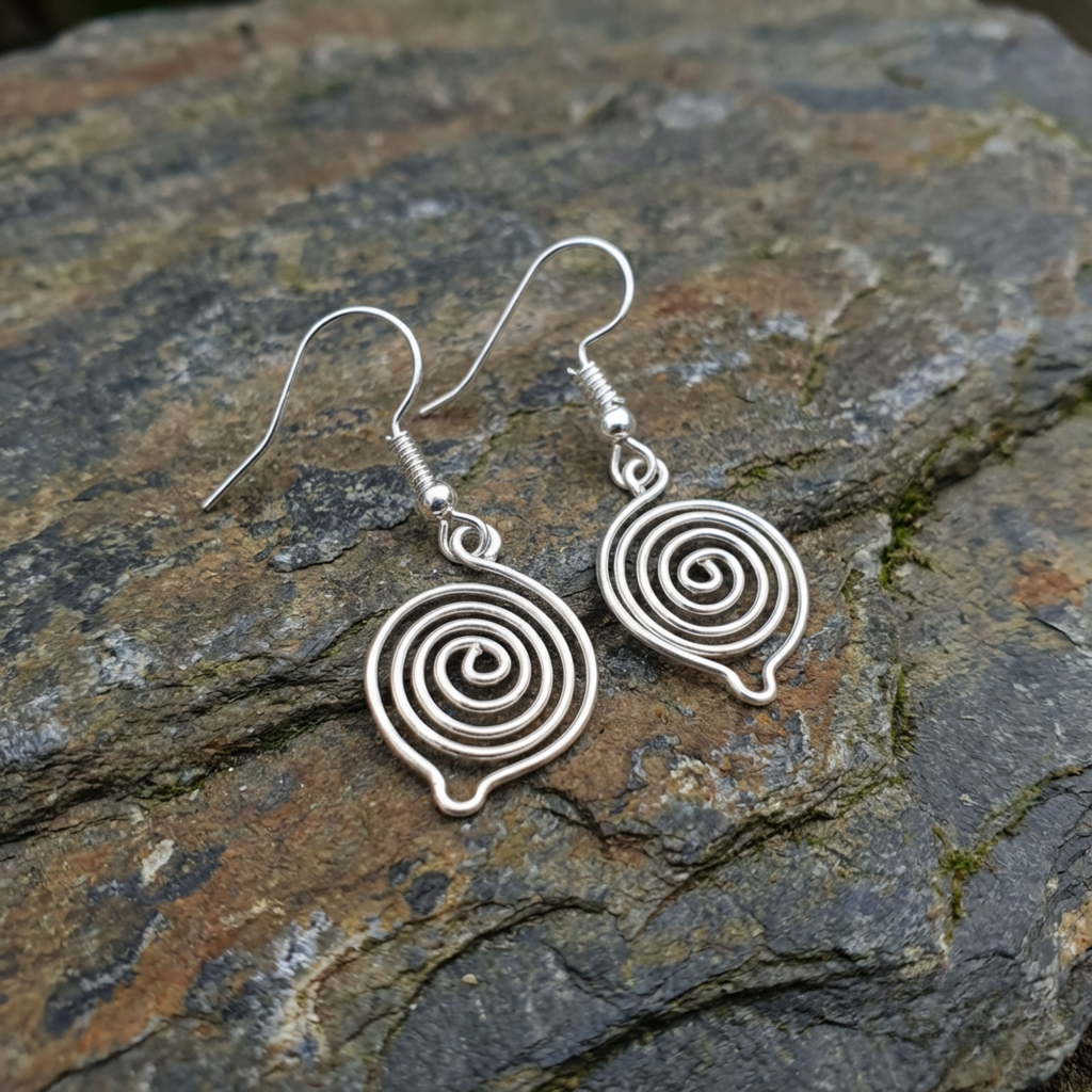 Silver spiral earrings on a stone surface