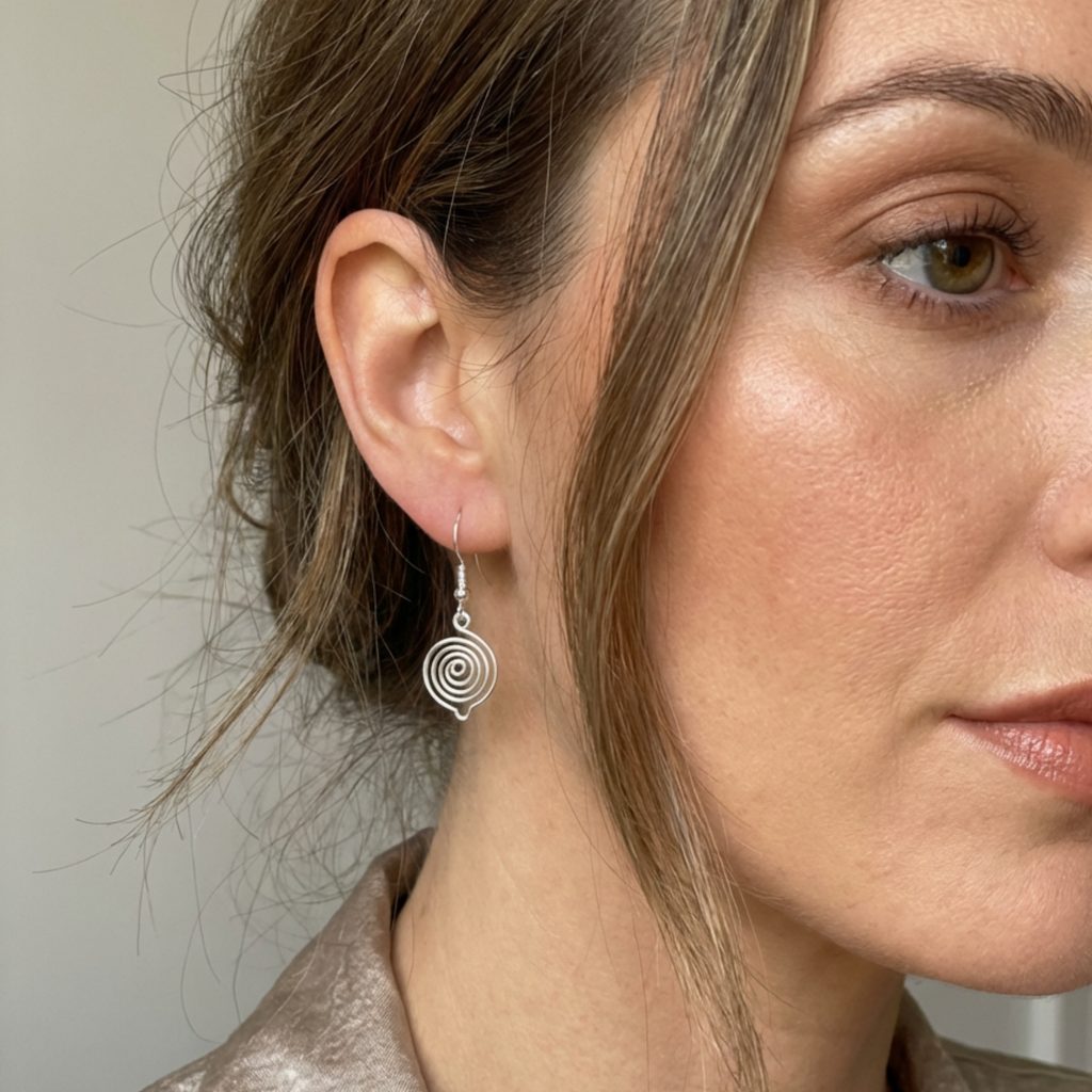 Close-up of a woman wearing a silver spiral earring against a neutral background