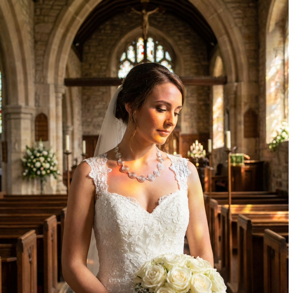 Bride in a church holding a bouquet of flowers wearing a silver spiral necklace