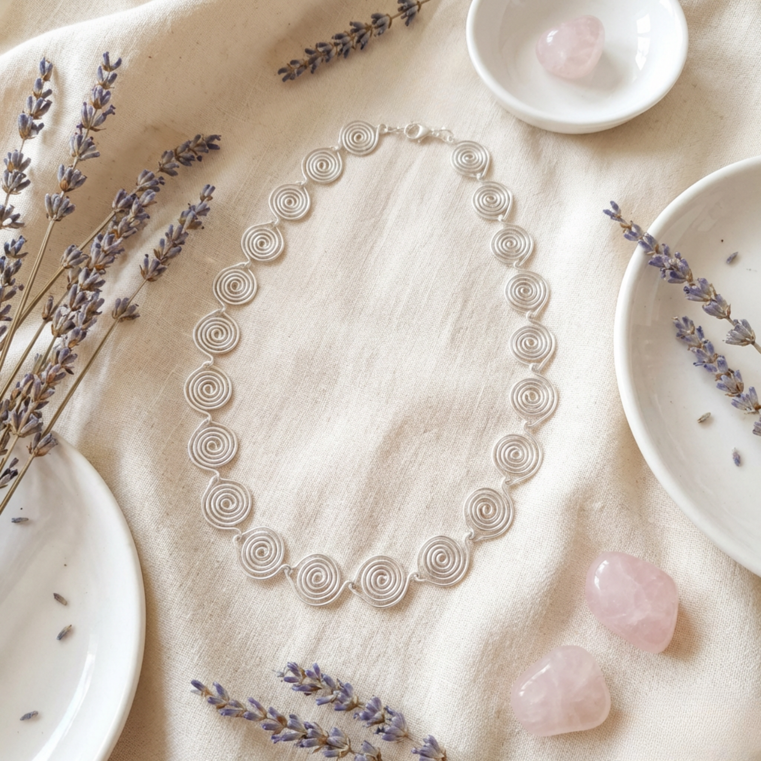 Silver necklace on a beige surface with lavender and rose quartz stones