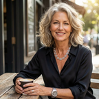 Woman with gray hair sitting outdoors holding a coffee cup, wearing a black shirt and silver spiral necklace.