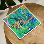 Colourful artwork of a tiger on a wooden surface