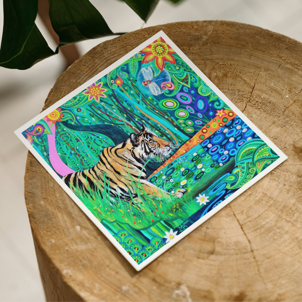 Colourful artwork of a tiger on a wooden surface