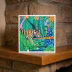 Colourful artwork of a tiger and peacock on a wooden surface with a stone wall background