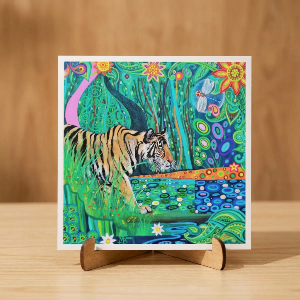 Colourful artwork of a tiger in a natural setting with flowers and plants on a wooden stand.