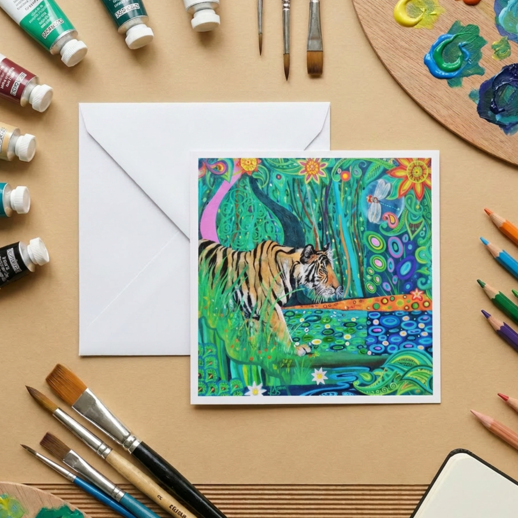 Colourful tiger painting on a card with art supplies on a beige surface
