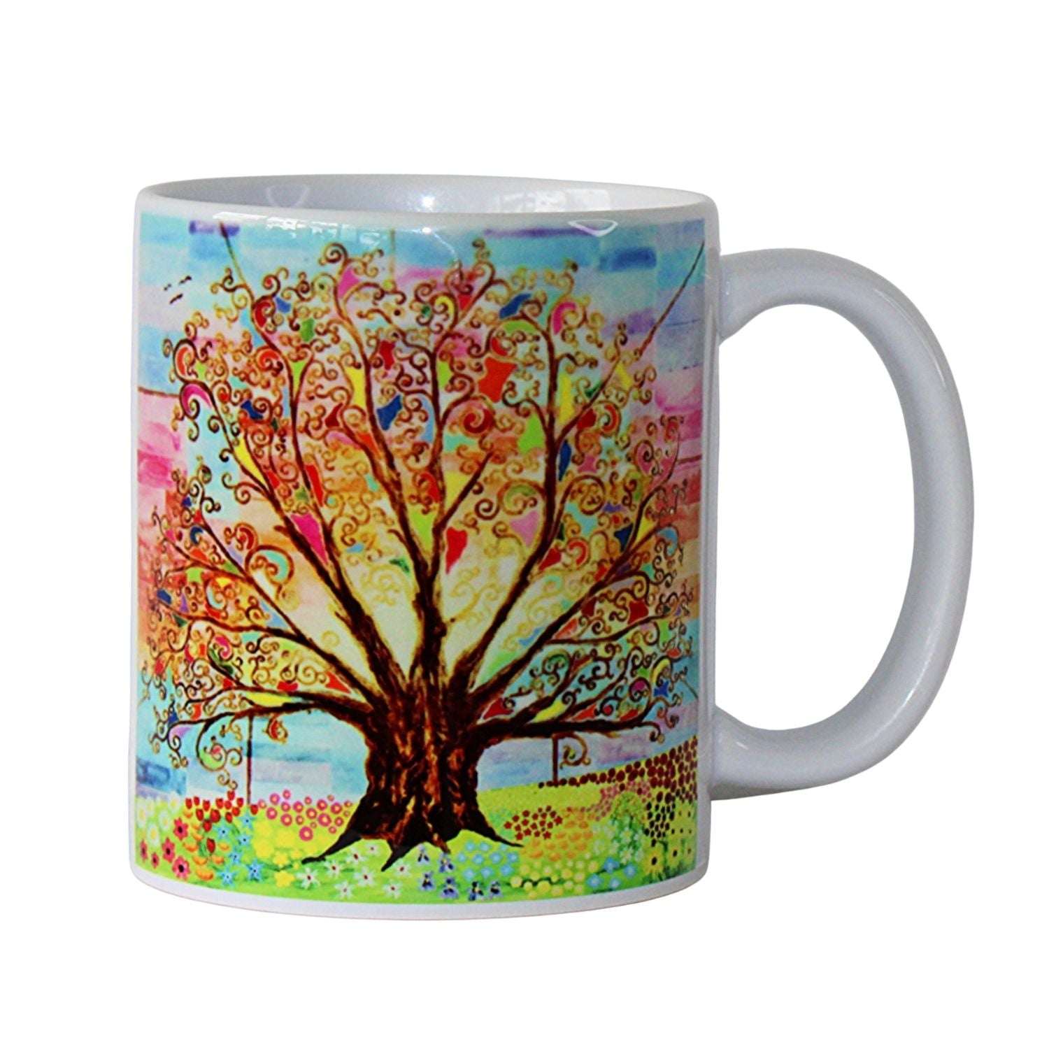 Mug with a colourful tree of life design on a white background