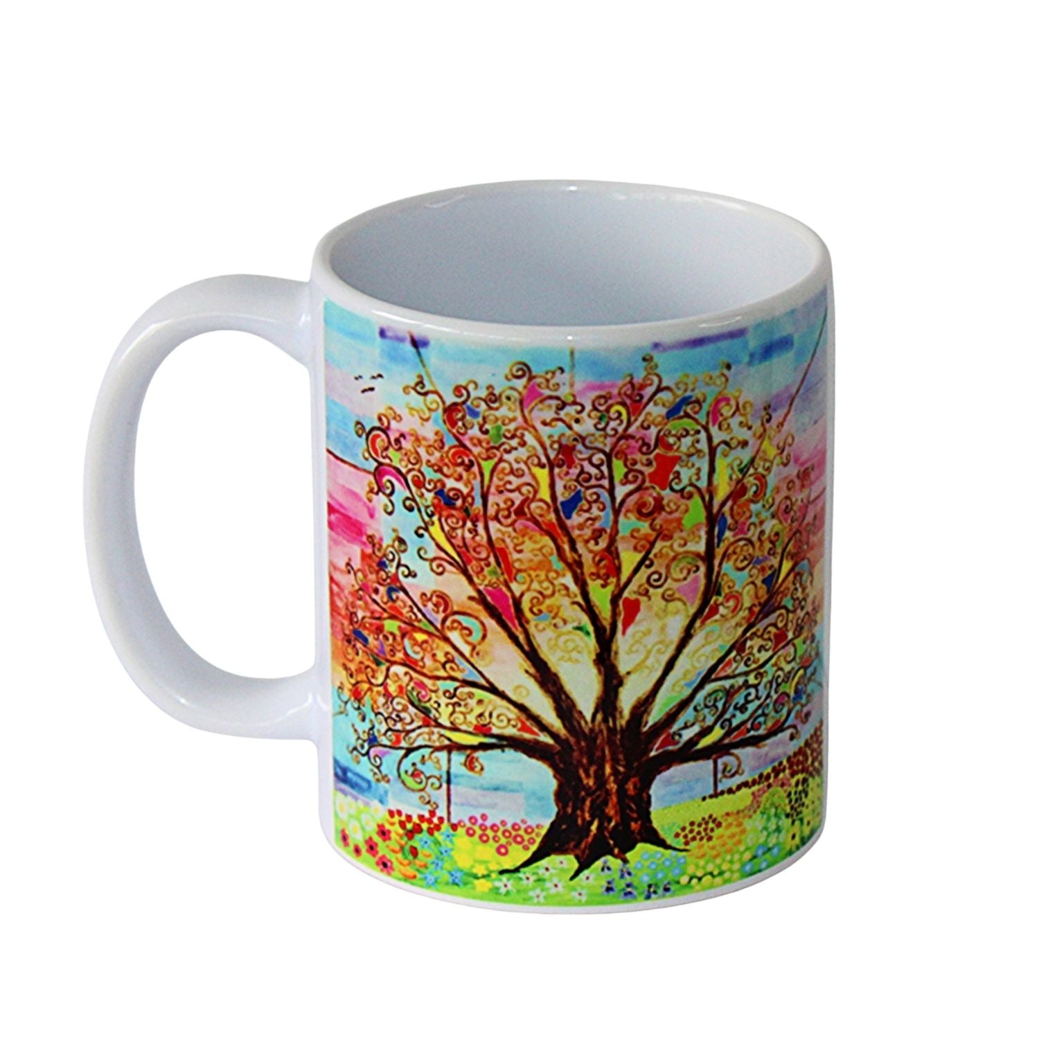 Colourful mug with a tree of life design on a white background