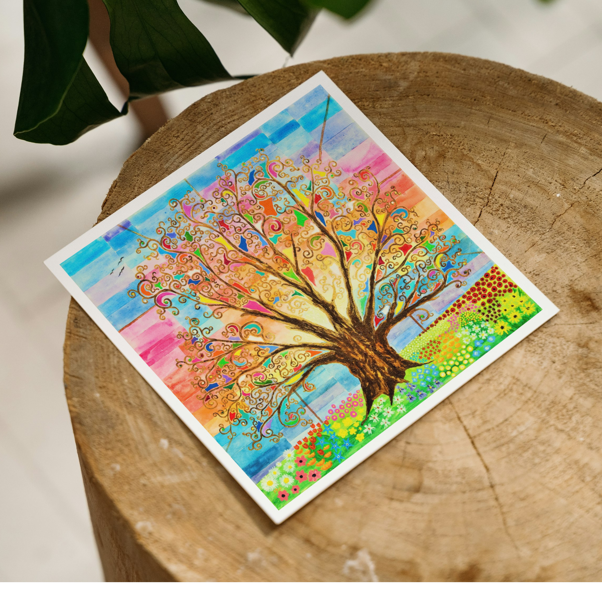 Colourful tree painting on a wooden surface