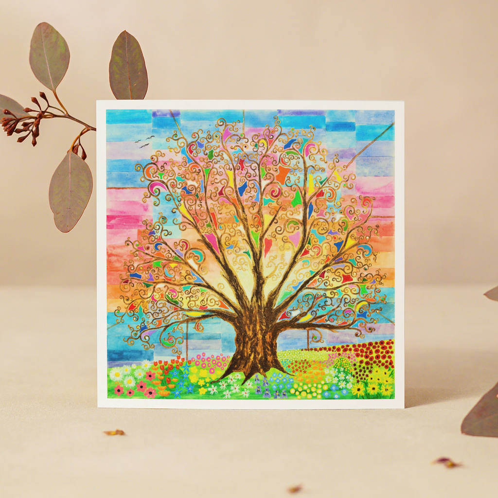 Colourful abstract tree painting on a colourful background