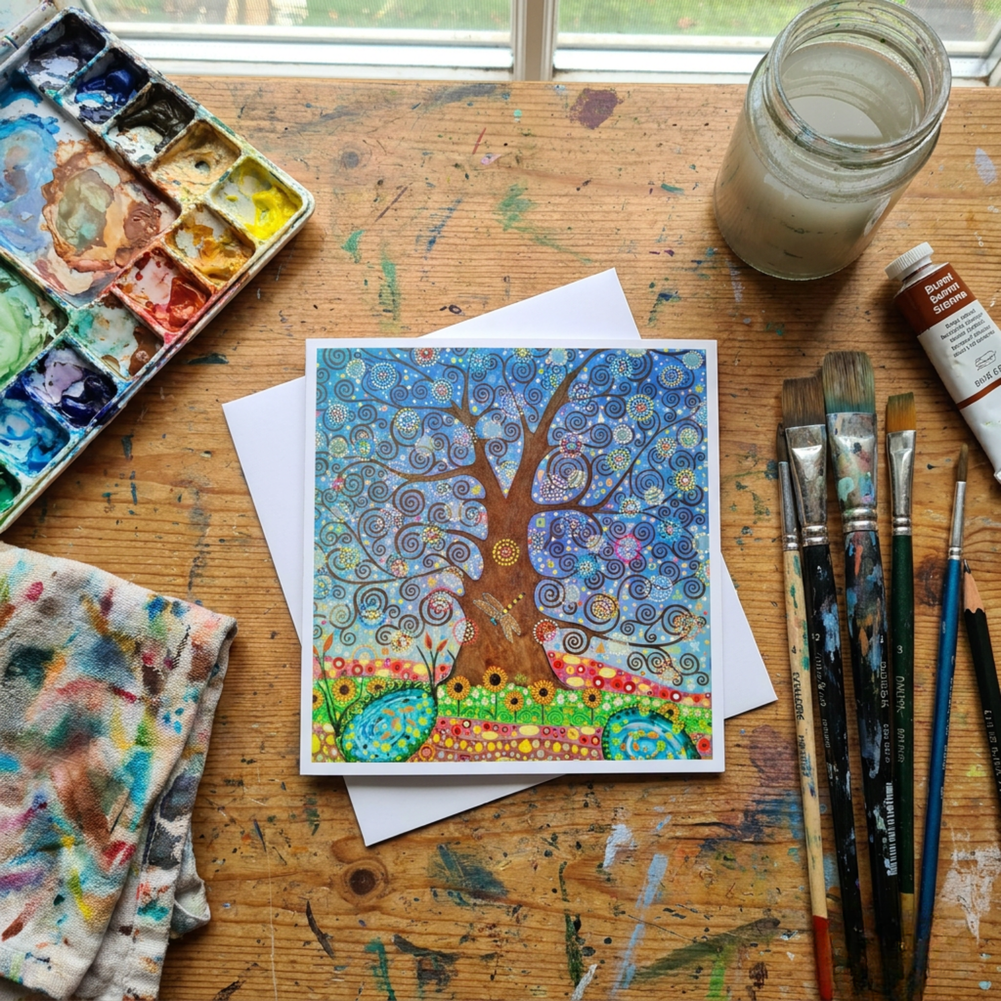 Colourful artwork on a wooden table with art supplies