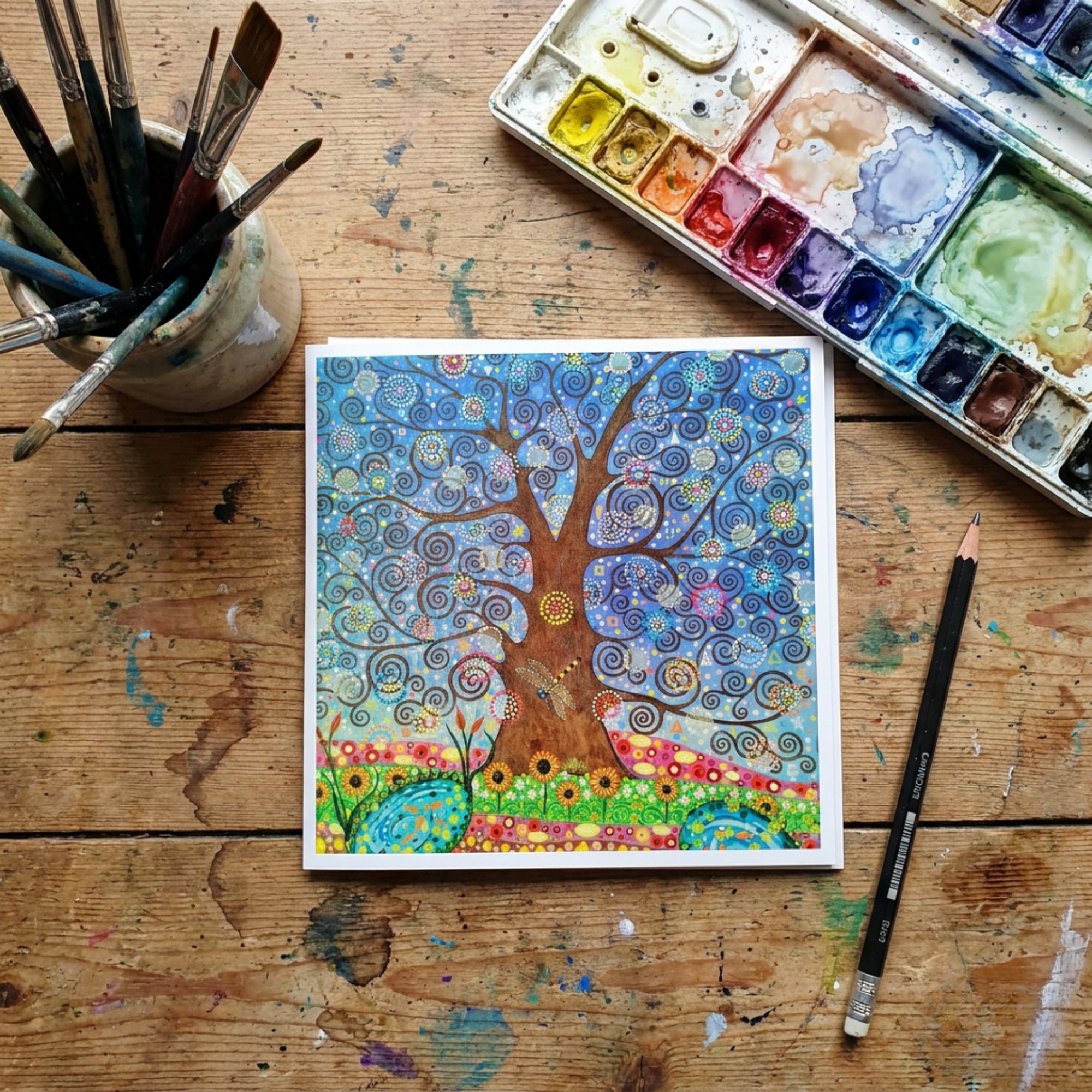 Colourful tree painting on a wooden surface with art supplies