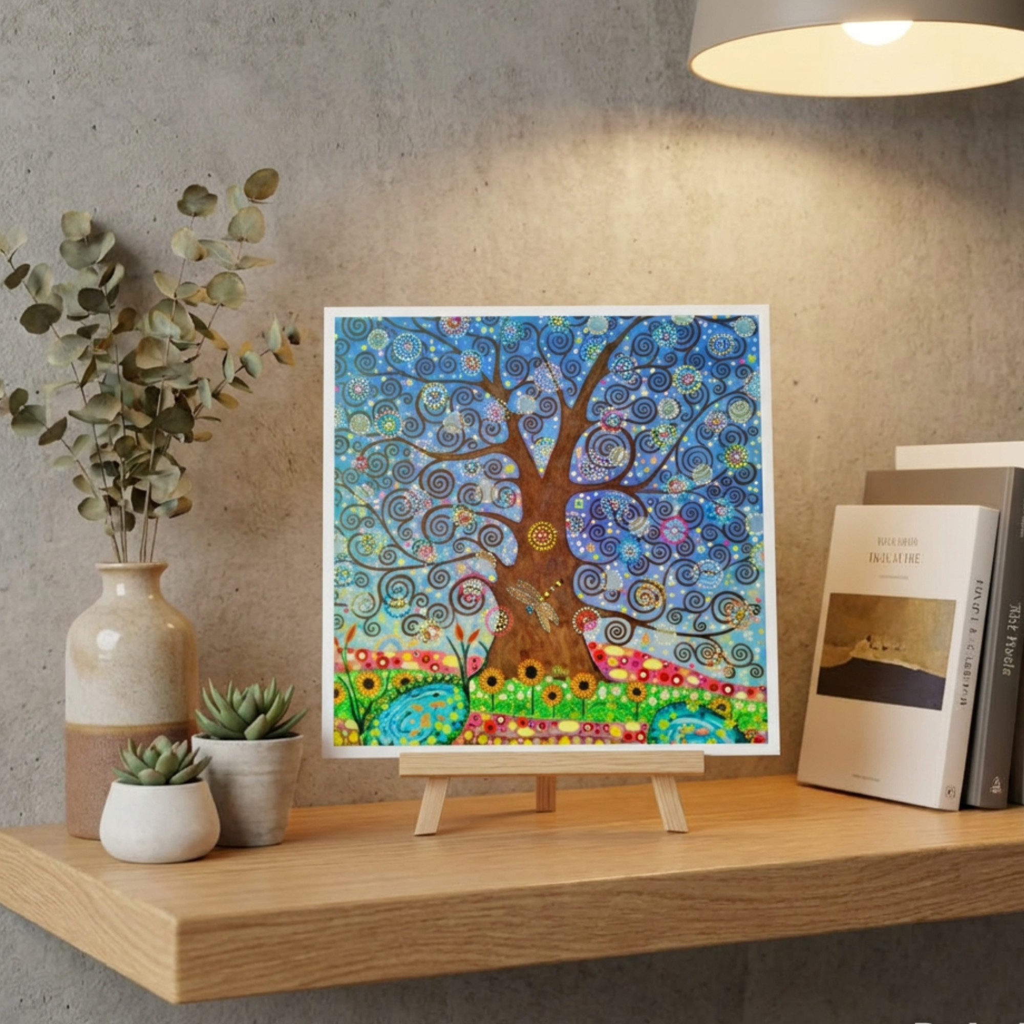 Colourful abstract artwork of a Tree of Life with a Dragonfly on a stand with decorative items on a shelf.