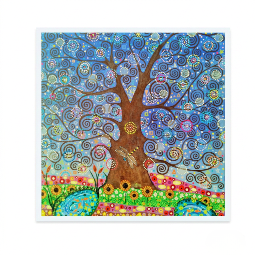 Colourful abstract artwork of a tree with swirling patterns and animals on a white background