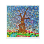 Colourful abstract artwork of a tree with swirling patterns and animals on a white background