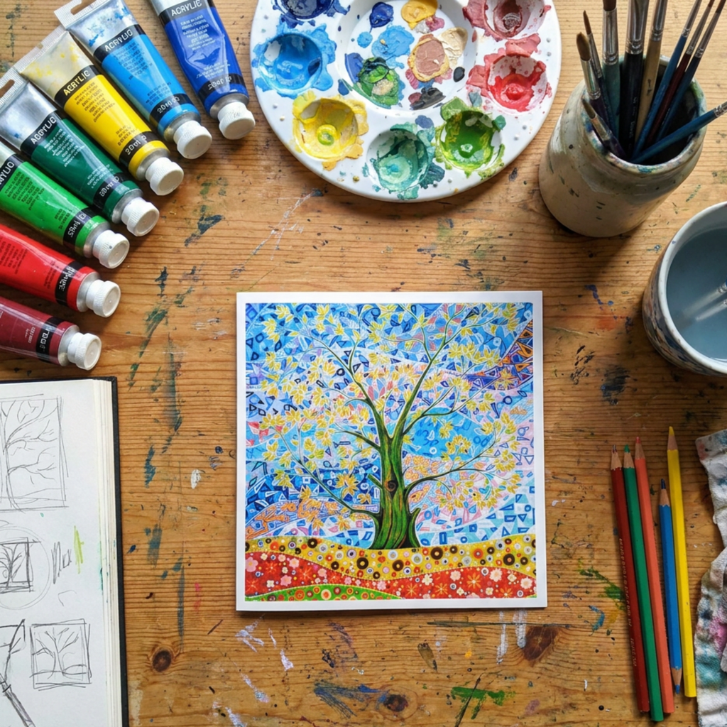 Artistic setup with paint tubes, palette, and completed artwork on a wooden surface.