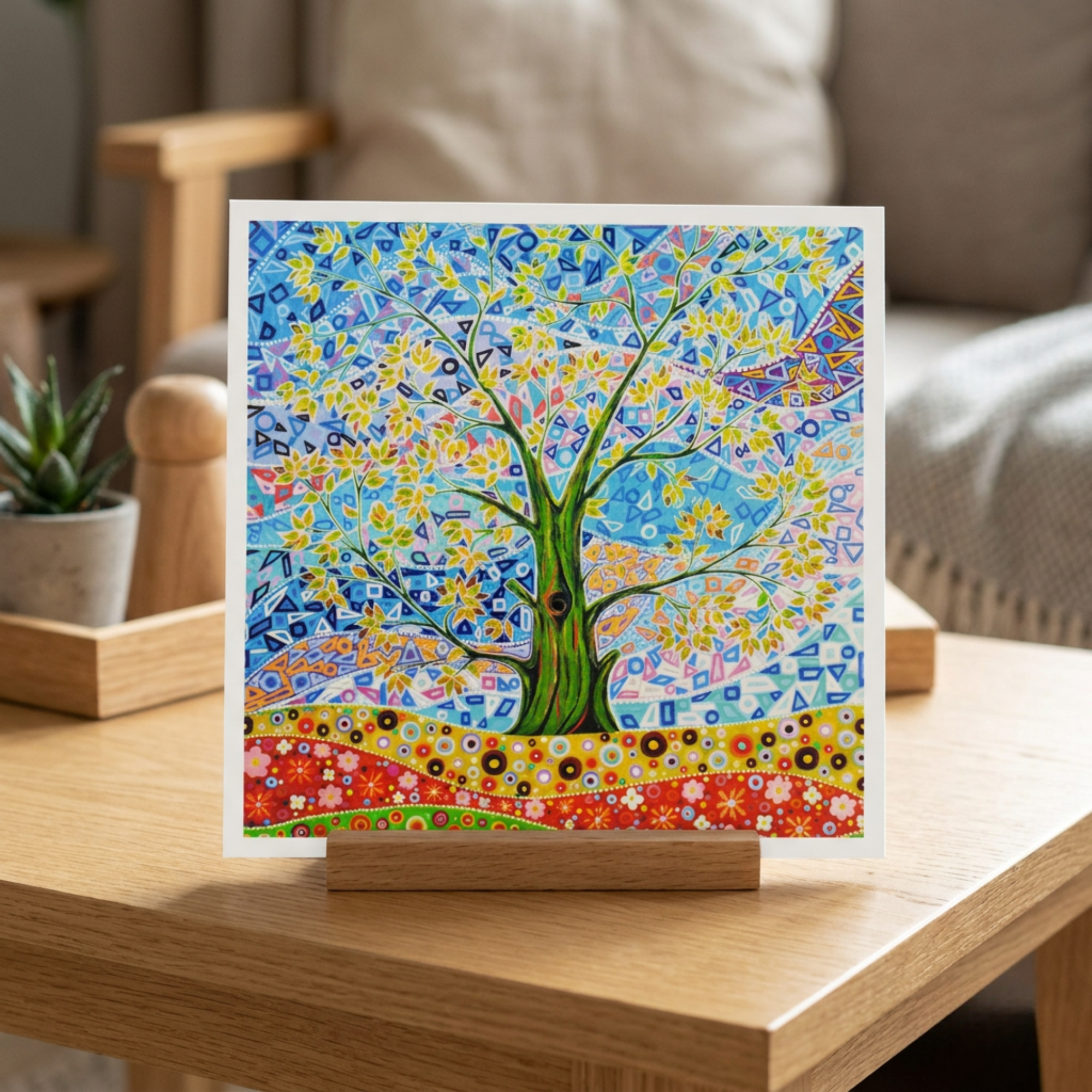 Colourful abstract artwork of a tree of life with gold leaves on a wooden stand in a living room setting.