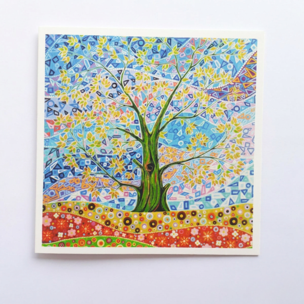 Colourful abstract painting of a tree with geometric patterns on a white background