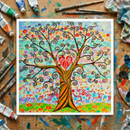 Colourful abstract tree painting on a wooden surface with art supplies.