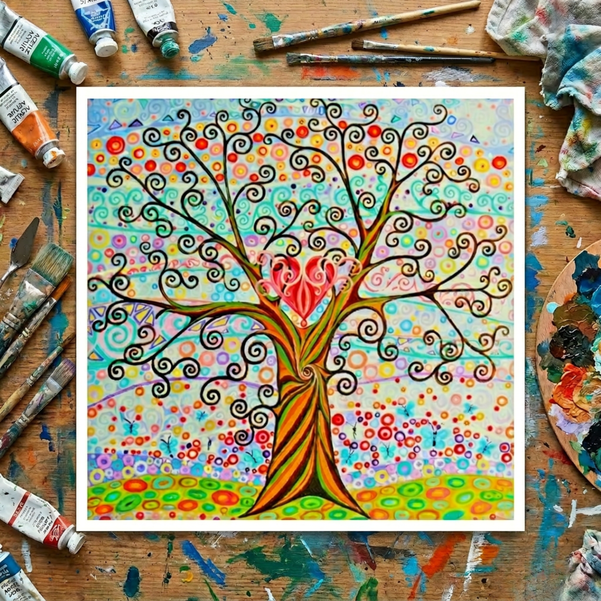 Colourful abstract tree painting on a wooden surface with art supplies.