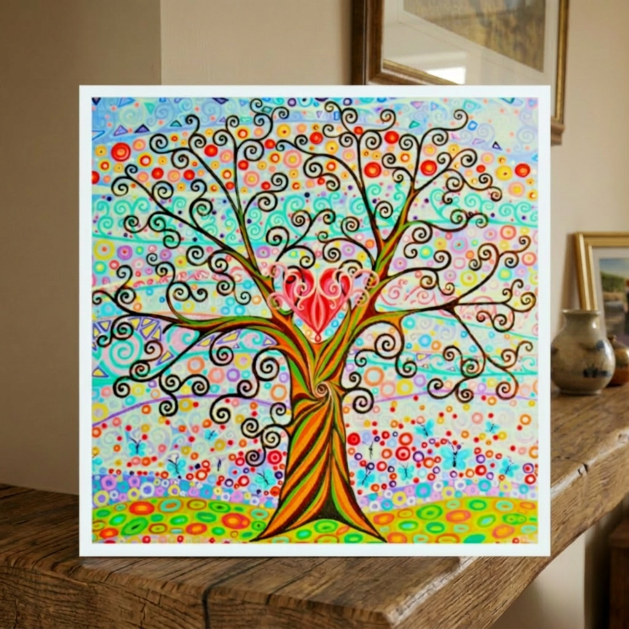 Colourful abstract tree painting with a heart at its center on a wooden surface.