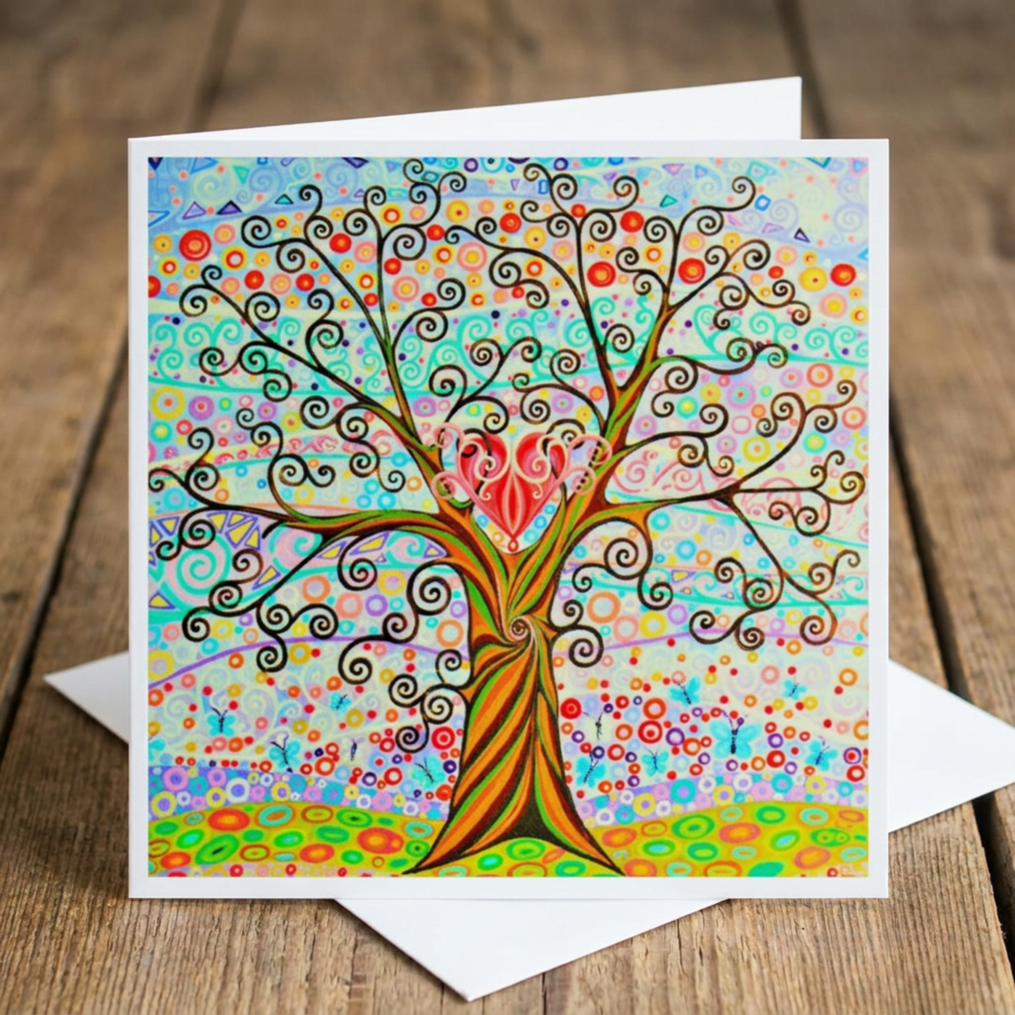 Colourful card with a tree of life and heart  design on a wooden surface