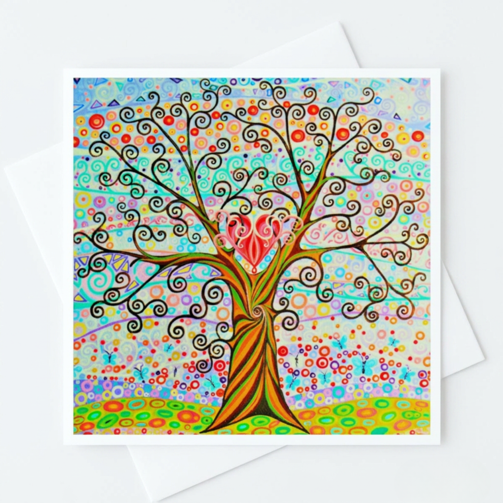 Colourful tree with a heart at its center on a patterned background