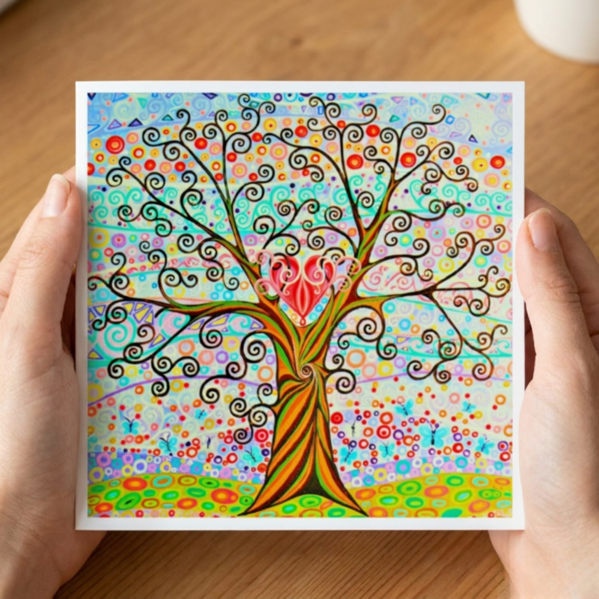 Colourful tree of life artwork held by hands on a wooden surface