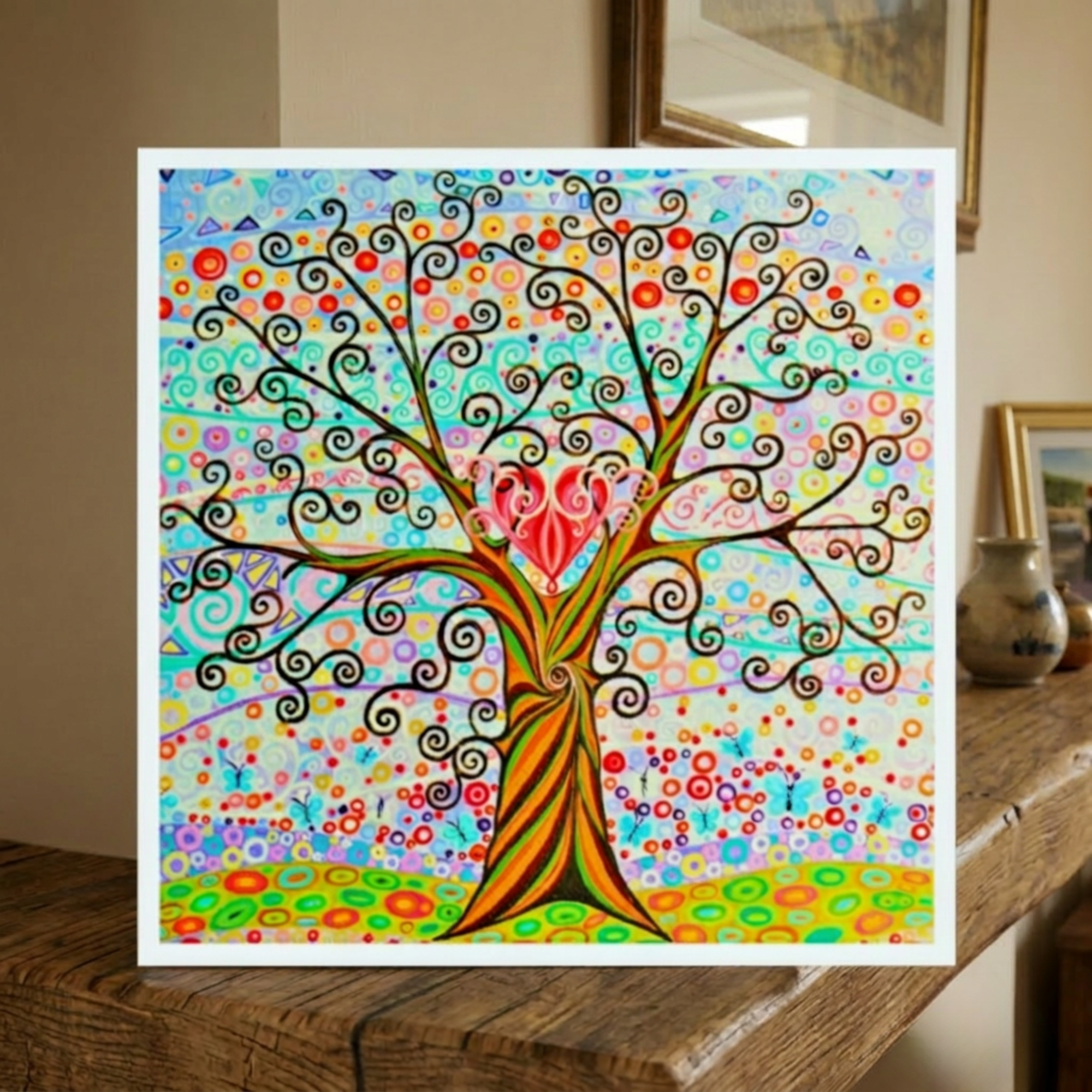 Colourful abstract tree painting with a heart at its center on a wooden surface.