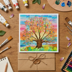 Colourful tree illustration on a card with art supplies on a wooden surface