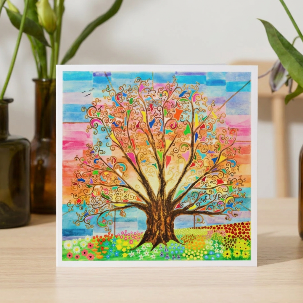 Colourful tree painting on a card with a white border, placed on a wooden surface.