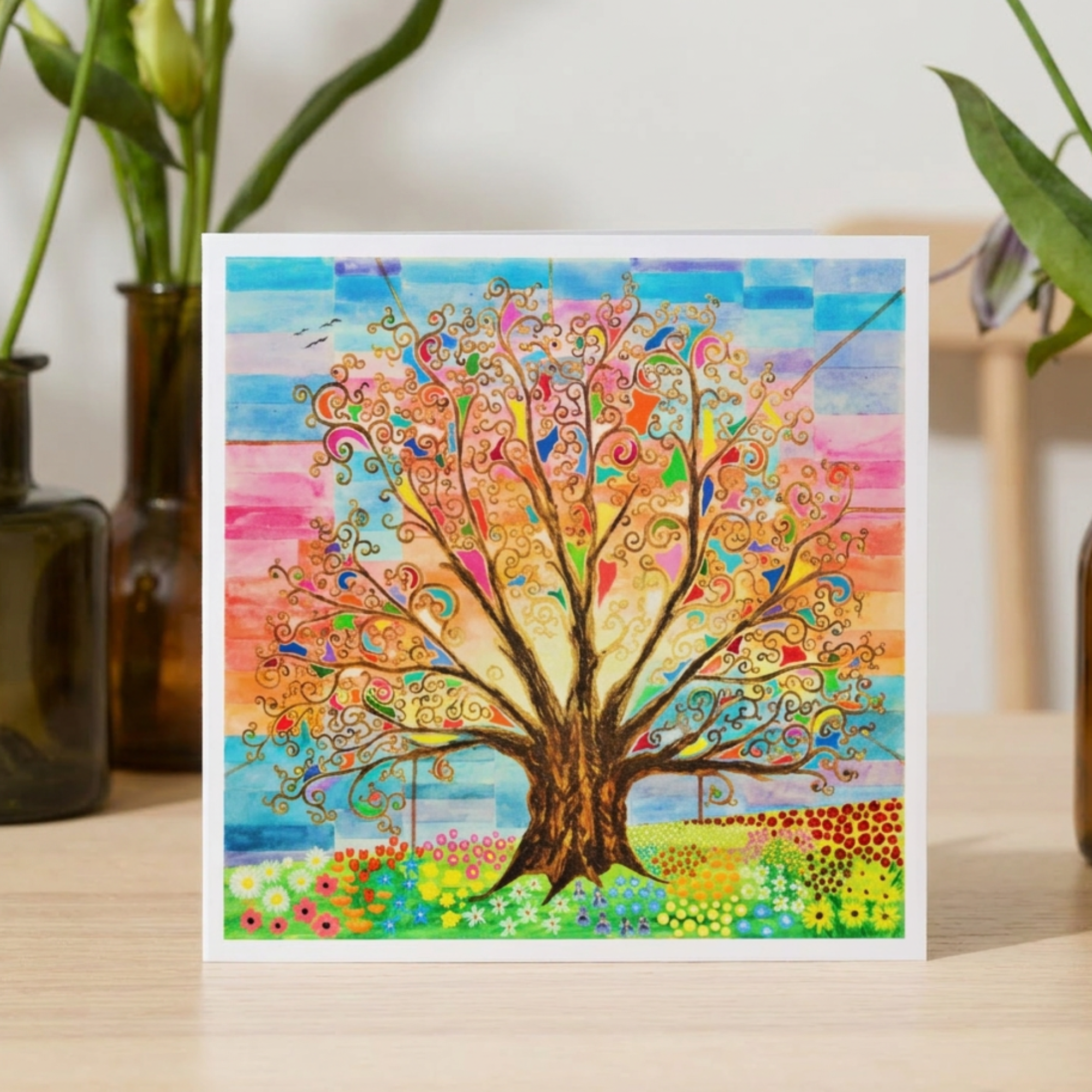 Colourful tree painting on a card with a white border, placed on a wooden surface.