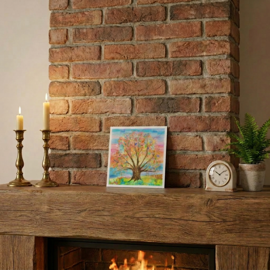 Mantelpiece with a greeting card painting of a tree, clock, and candles against a brick wall.
