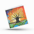 Colourful greeting card with a tree of life design on a white background