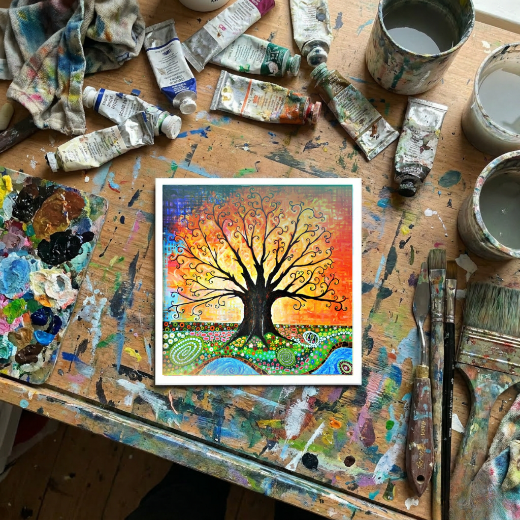 Colourful abstract painting of a tree on a paint-splattered table with art supplies.