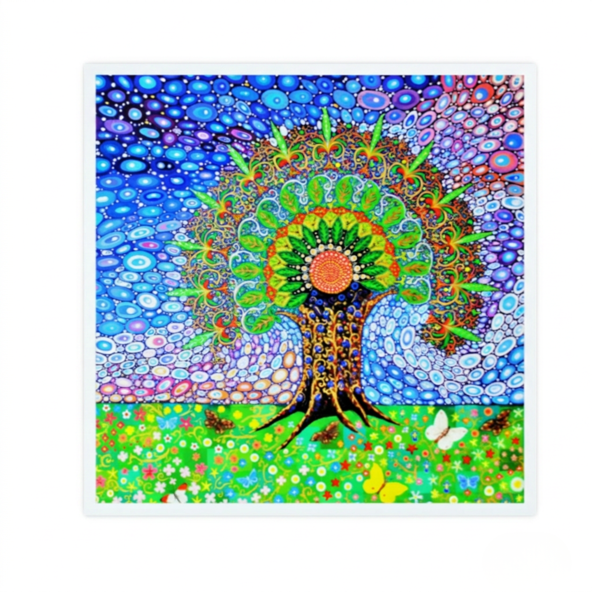 Colourful abstract artwork with a tree and mandala design on a white background