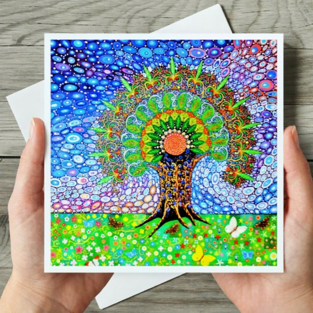 Colourful mandala-style card held by hands on a wooden surface