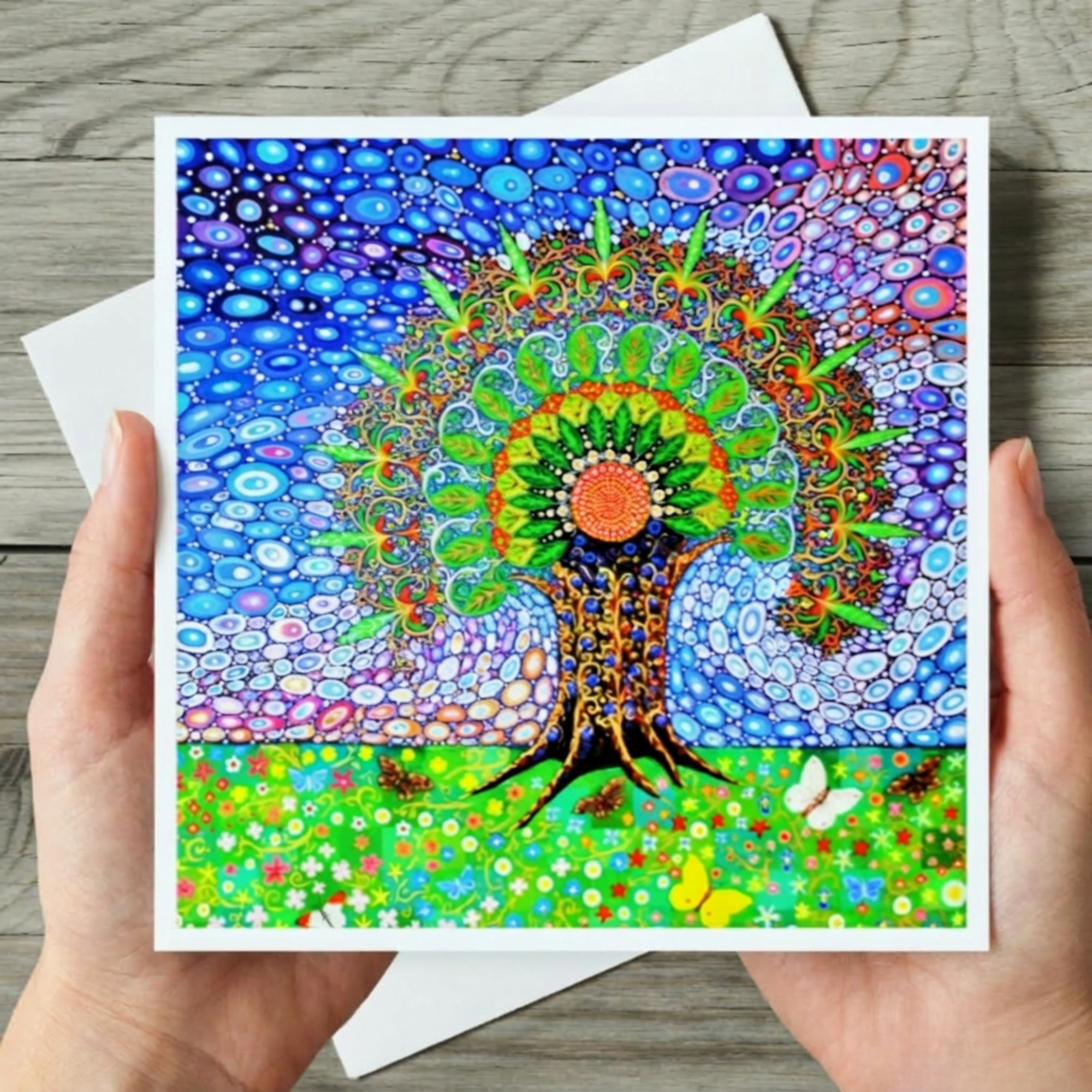 Colourful mandala-style card held by hands on a wooden surface