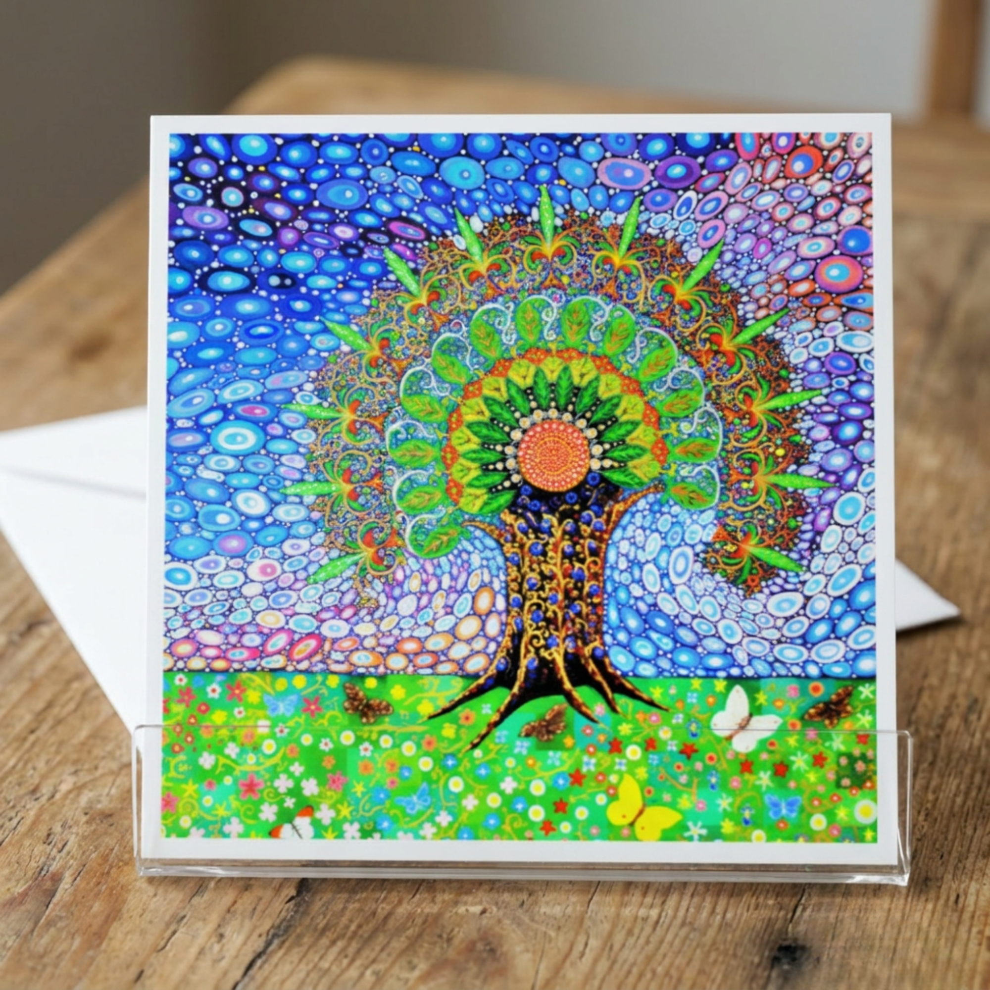 Colourful card with a tree design on a wooden surface