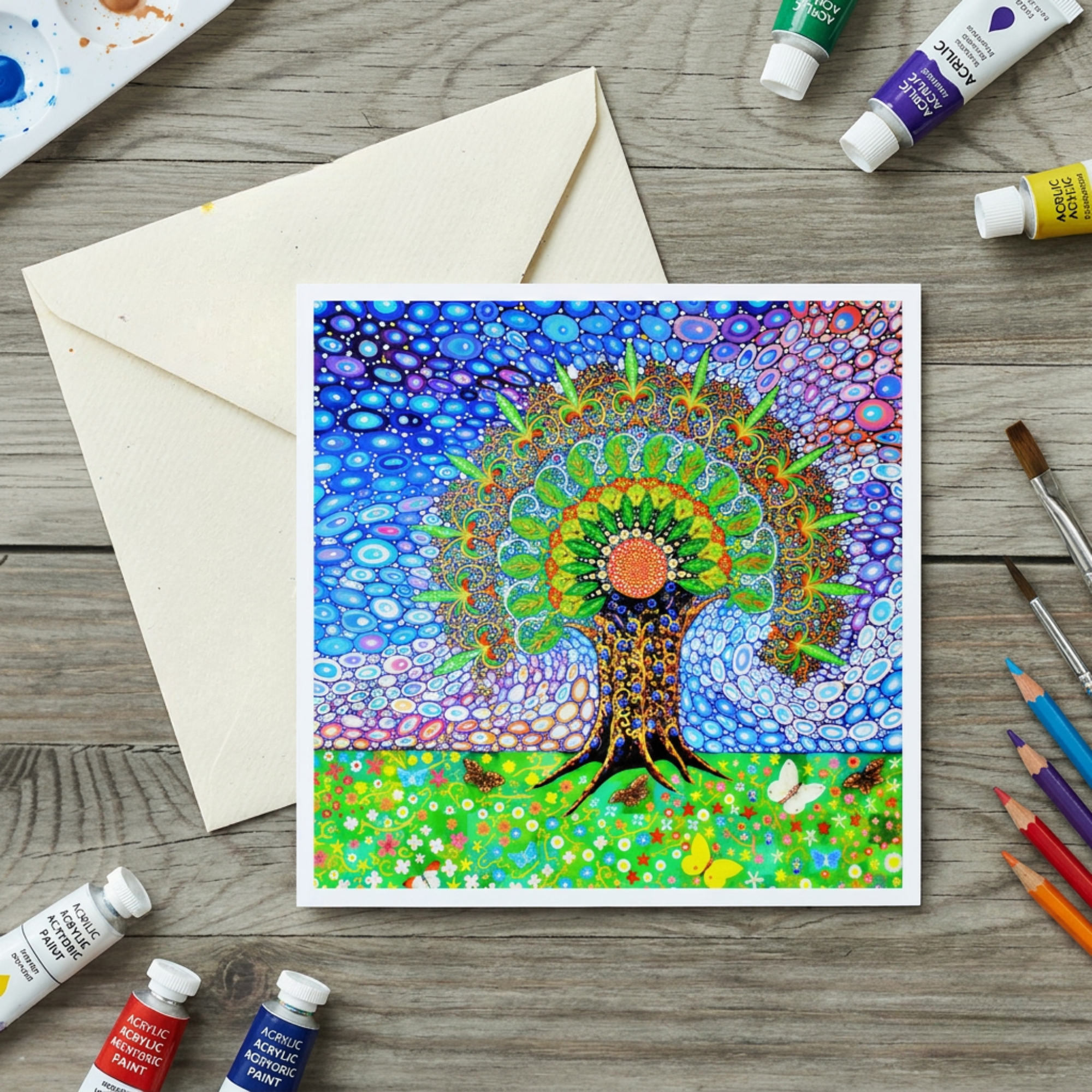 Colourful artwork of a tree with abstract patterns on a wooden surface with art supplies.