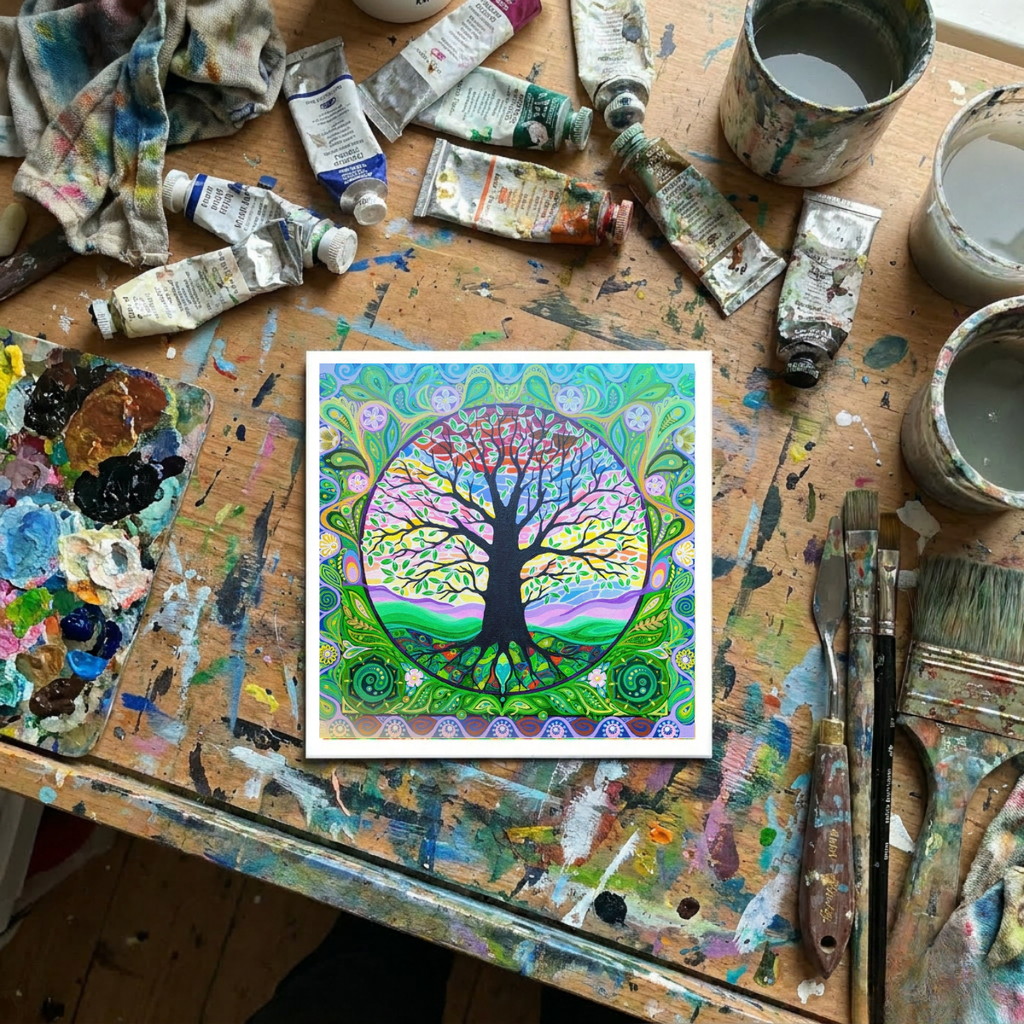 Colourful tree of life artwork on a paint-splattered table with art supplies.