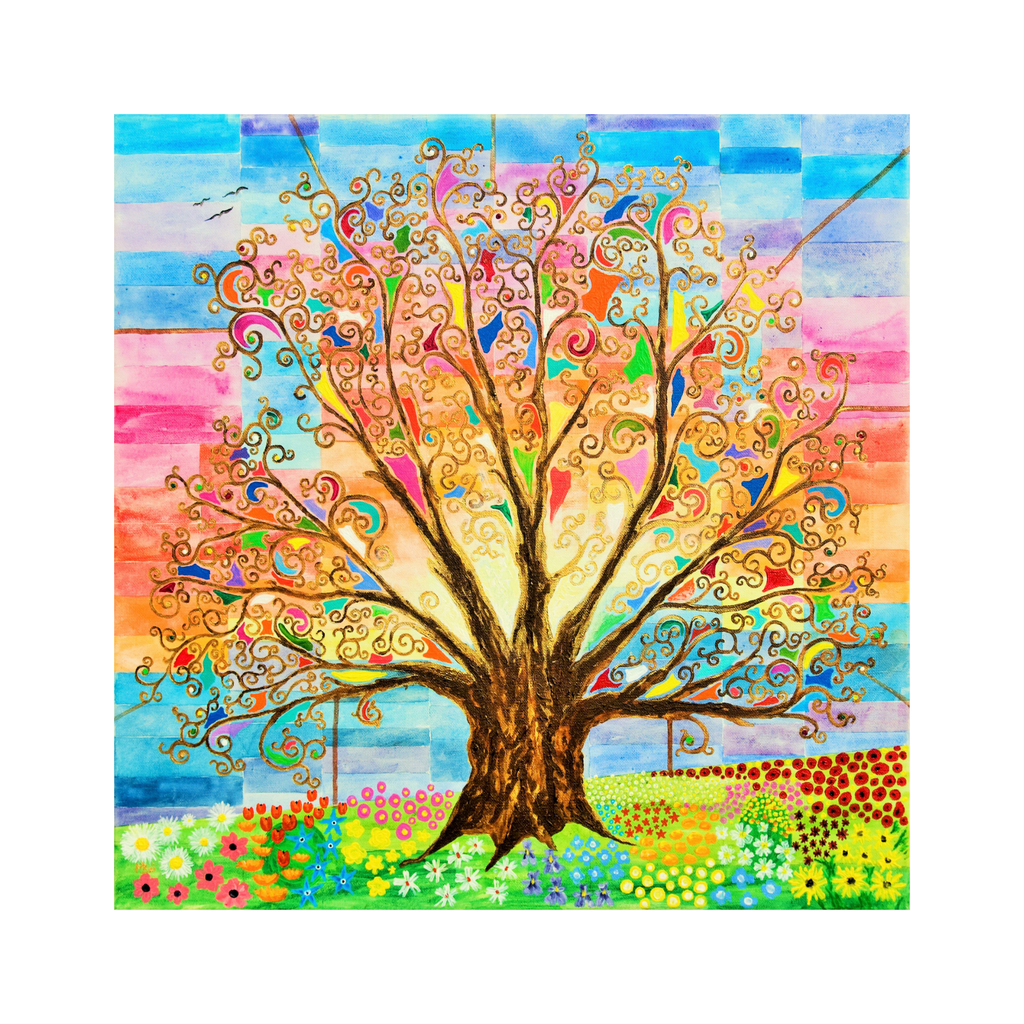 Colorful abstract tree painting with a vibrant background
