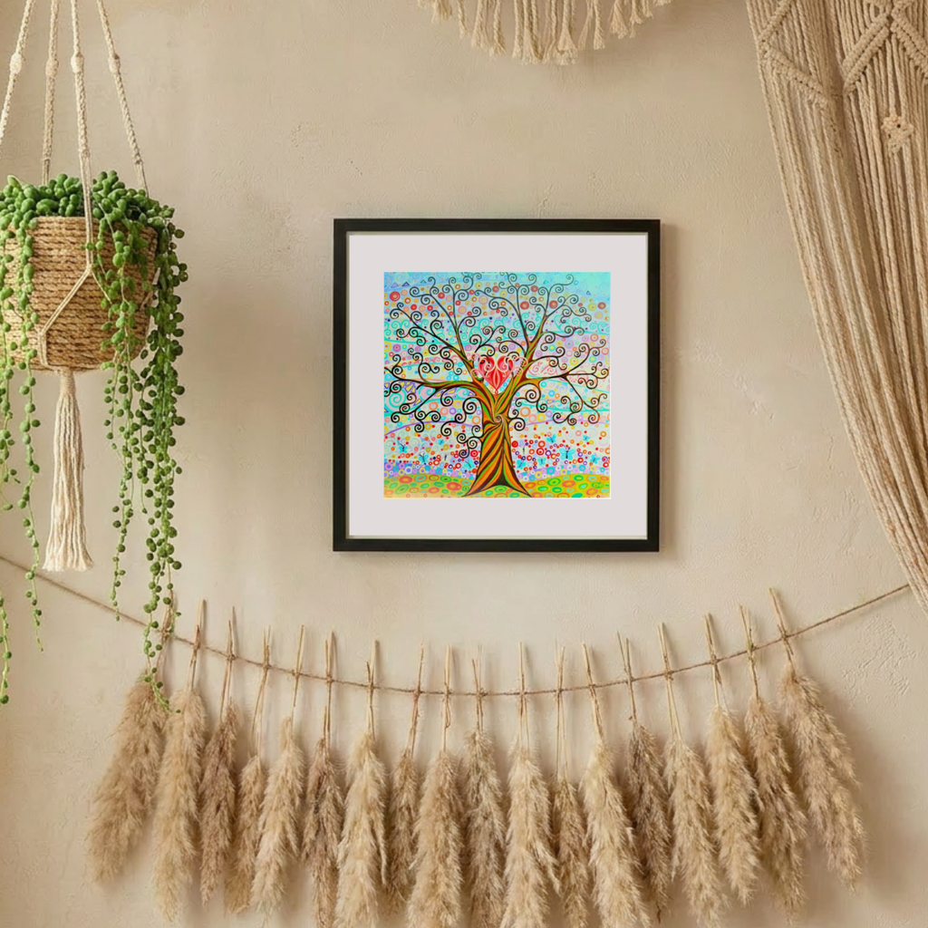 Framed artwork of a colourful tree of life with flowers on a wall with decorative elements.